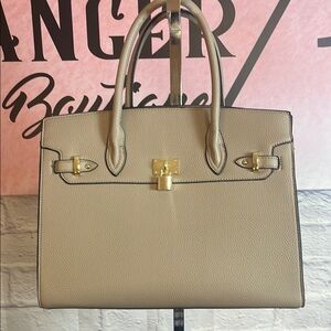 Elegant Tan Satchel with Gold Hardware Navy Stripe Interior Zipper Closure
